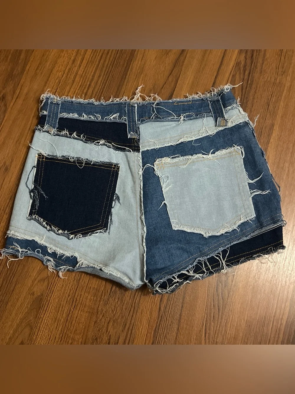 Two-Tone Distressed Denim Shorts